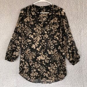 Silk Floral Sheer Blouse Size M Long Sleeve Lightweight
